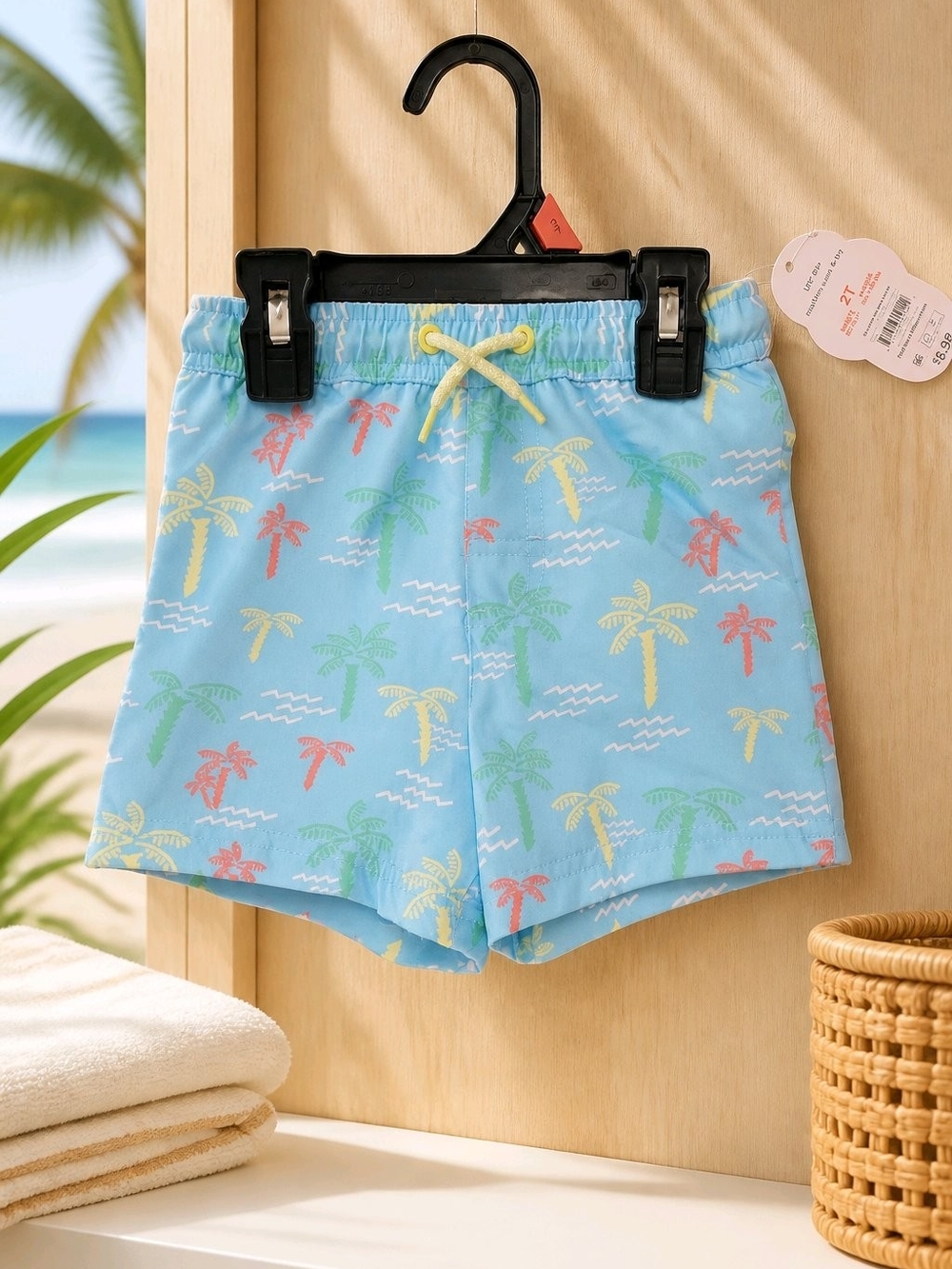 wonder nation Light Blue Palm Tree Swim Trunks with Yellow Drawstring